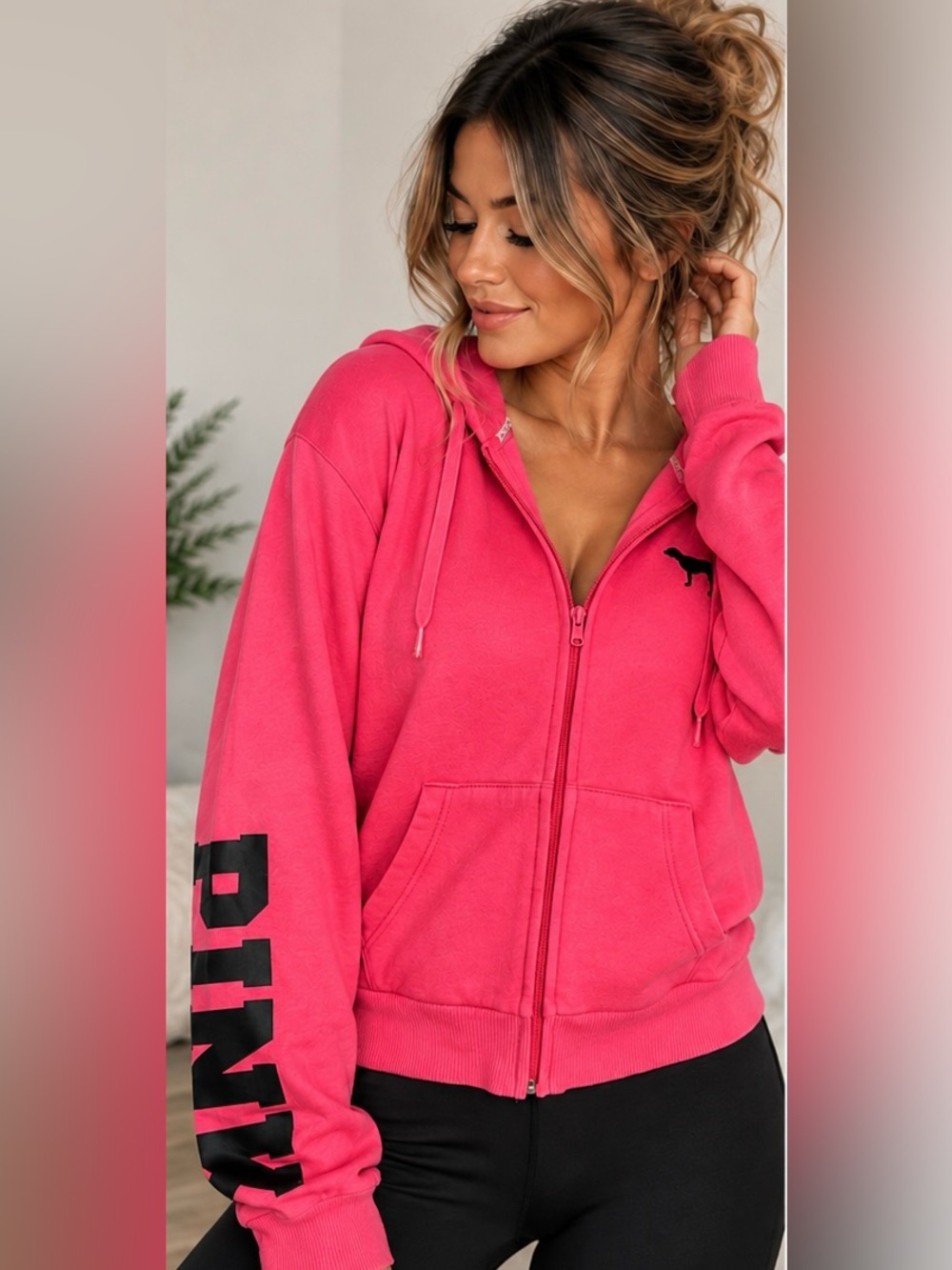 PINK Victoria’s Secret Zip Up Hoodie Bright Pink Logo Cozy Jacket